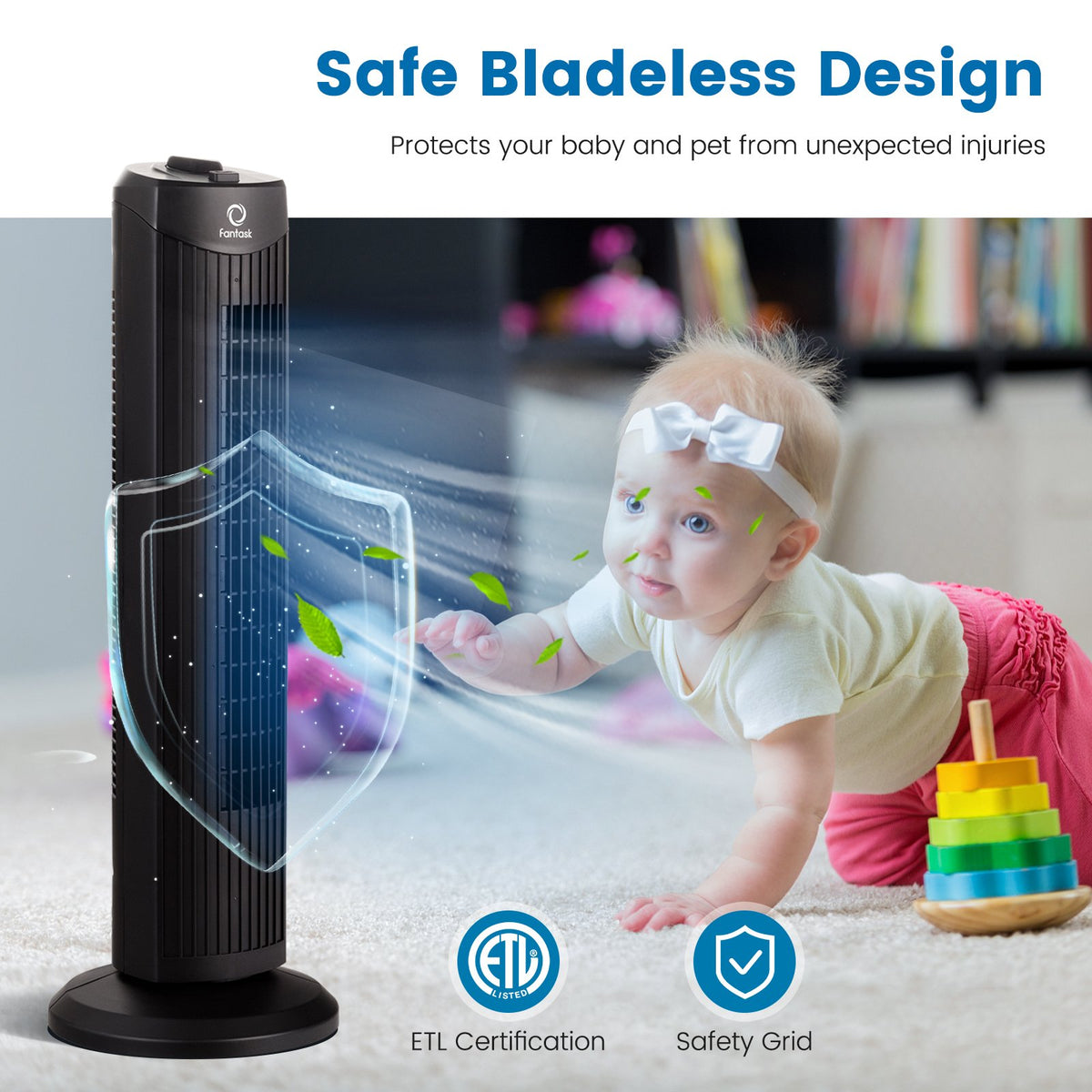 Fantask 35W 28 Inch Quiet Bladeless Oscillating Tower Fan-Black view 8