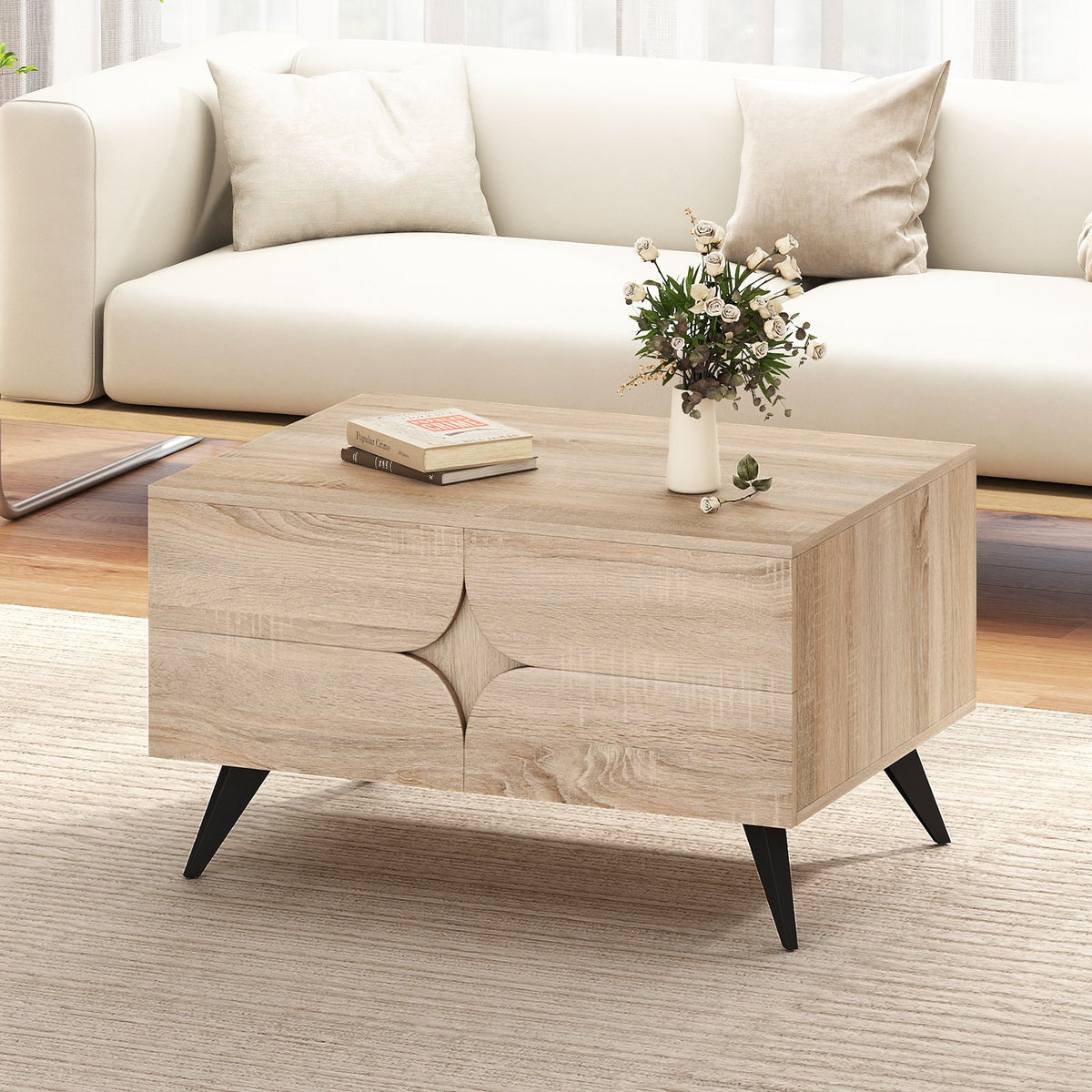 Farmhouse Accent Modern Coffee Table with Storage for Living Room Bedroom-Natural view 2