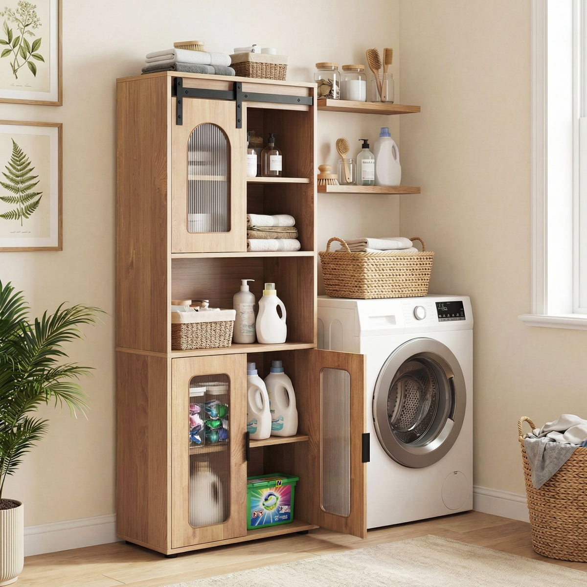 Farmhouse Bathroom Floor Cabinet with Sliding Barn Door-Natural view 2