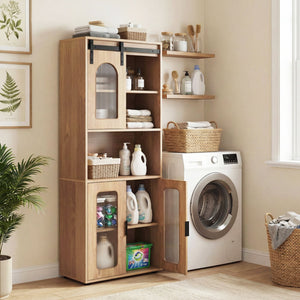 Farmhouse Bathroom Floor Cabinet with Sliding Barn Door-Natural view 2