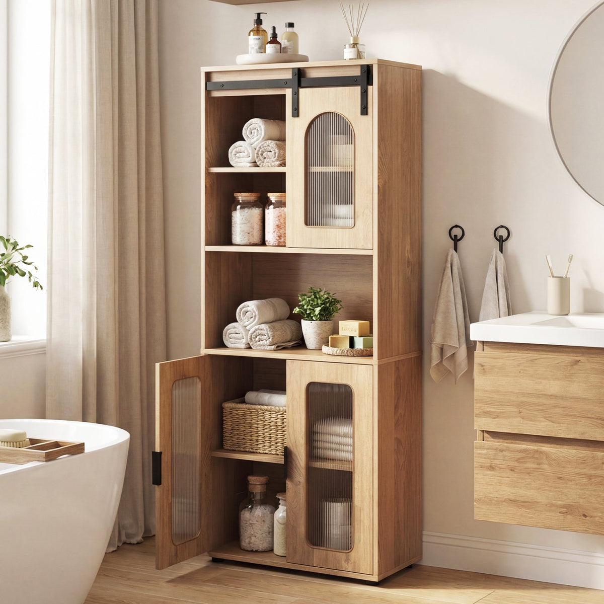 Farmhouse Bathroom Floor Cabinet with Sliding Barn Door-Natural view 5