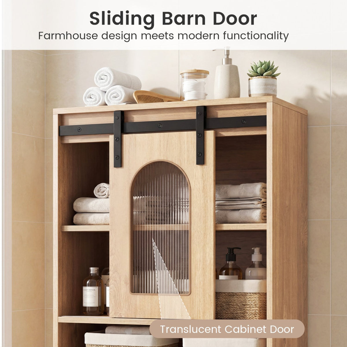 Farmhouse Bathroom Floor Cabinet with Sliding Barn Door-Natural view 8