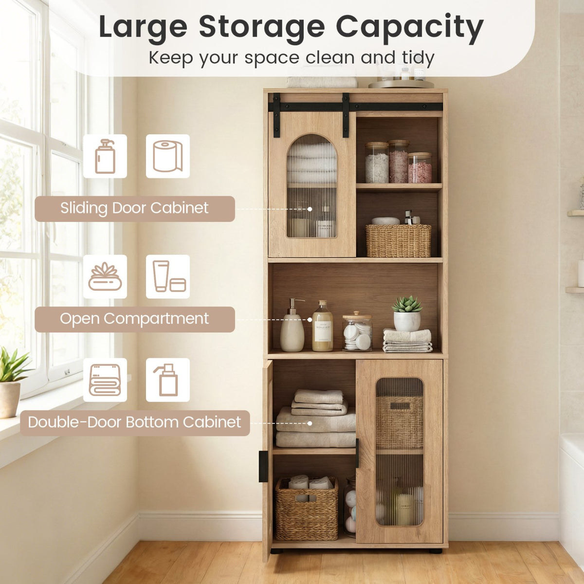 Farmhouse Bathroom Floor Cabinet with Sliding Barn Door-Natural view 9