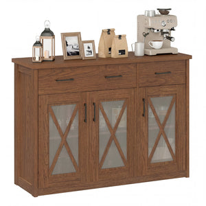 Farmhouse Buffet Sideboard 3-Door Kitchen Storage Cabinet with 2 Drawers-Brown