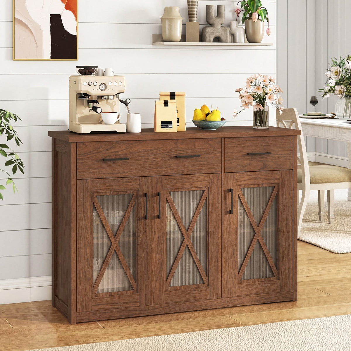 Farmhouse Buffet Sideboard 3-Door Kitchen Storage Cabinet with 2 Drawers-Brown view 2
