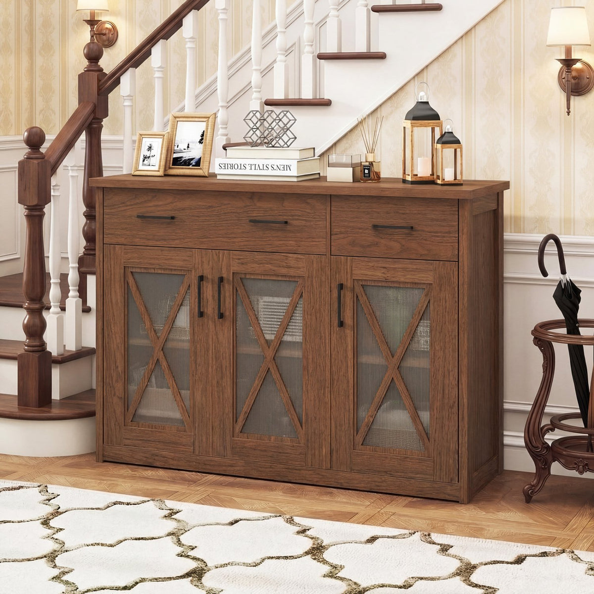 Farmhouse Buffet Sideboard 3-Door Kitchen Storage Cabinet with 2 Drawers-Brown view 3