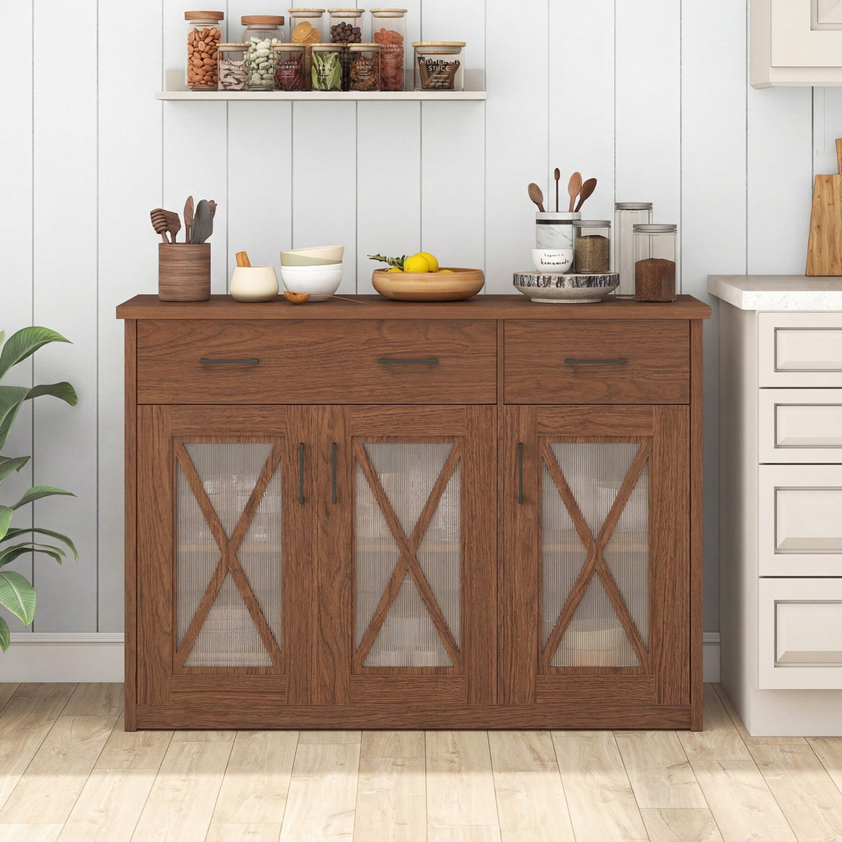 Farmhouse Buffet Sideboard 3-Door Kitchen Storage Cabinet with 2 Drawers-Brown view 6