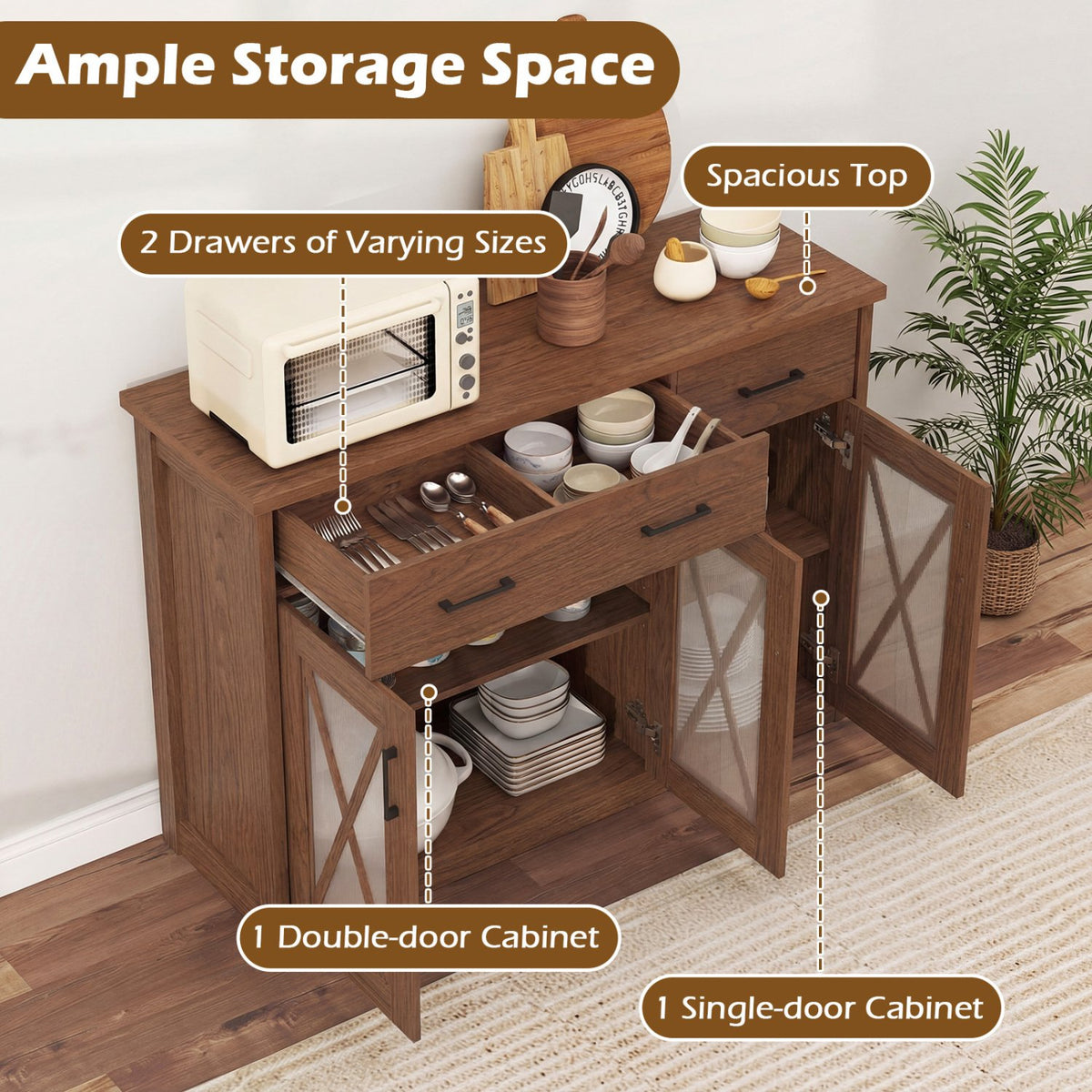 Farmhouse Buffet Sideboard 3-Door Kitchen Storage Cabinet with 2 Drawers-Brown view 7