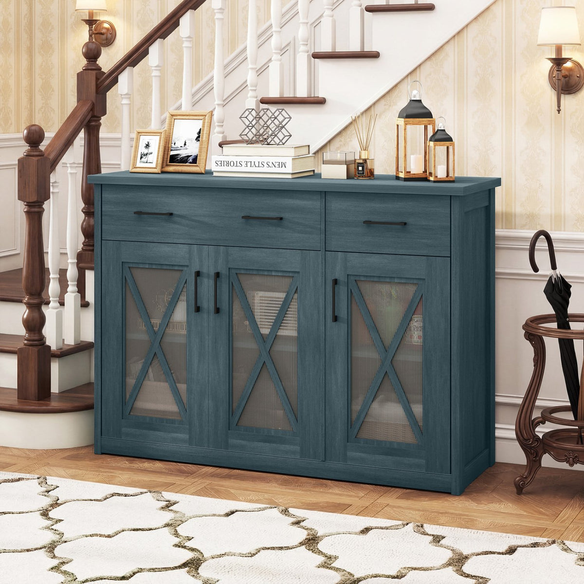 Farmhouse Buffet Sideboard 3-Door Kitchen Storage Cabinet with 2 Drawers-Turquoise view 3