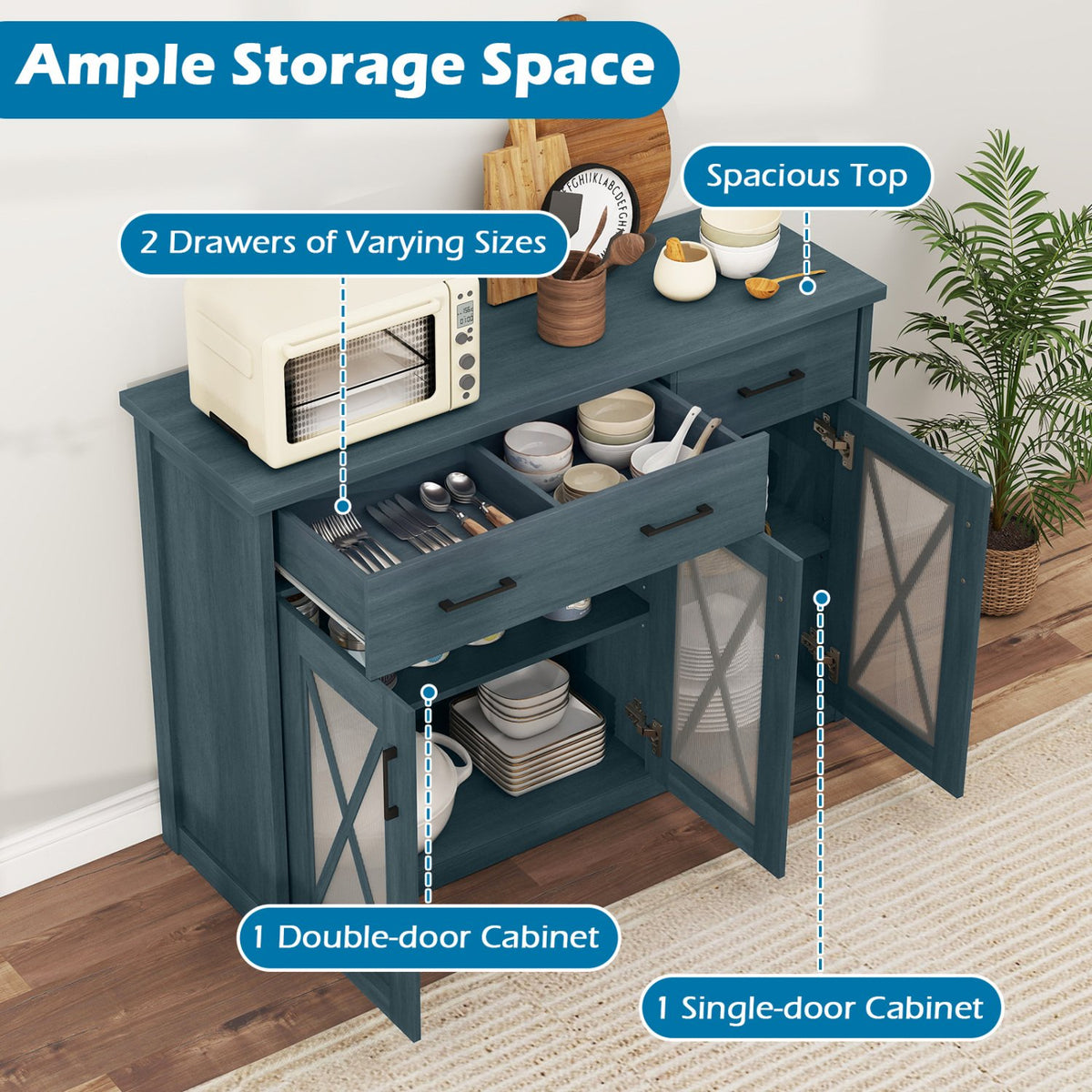 Farmhouse Buffet Sideboard 3-Door Kitchen Storage Cabinet with 2 Drawers-Turquoise view 7