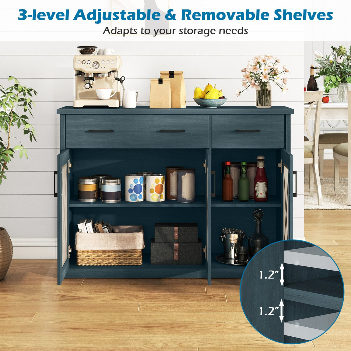 Farmhouse Buffet Sideboard 3-Door Kitchen Storage Cabinet with 2 Drawers-Turquoise view 8