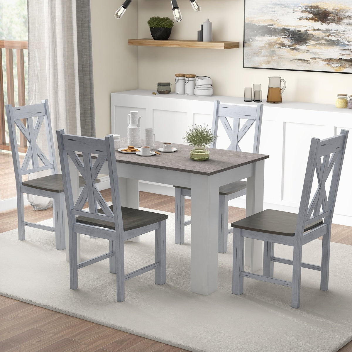 Farmhouse Chair Set of 2 with Rubber Wood Frame and Elegant Hollowed Backrest-Gray view 6