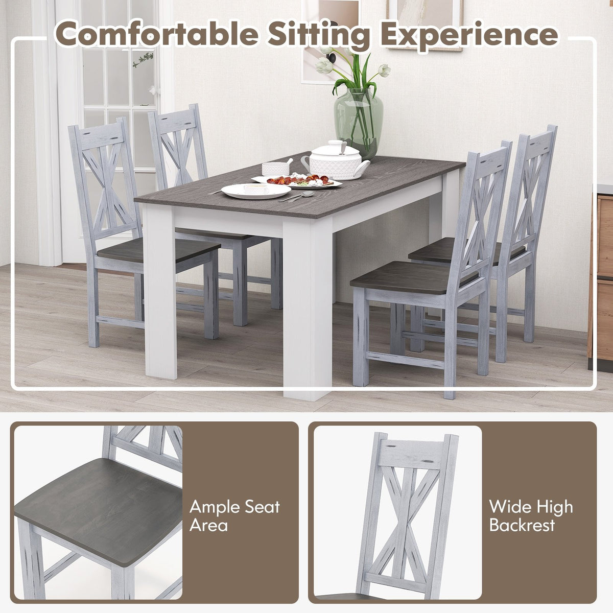 Farmhouse Chair Set of 2 with Rubber Wood Frame and Elegant Hollowed Backrest-Gray view 7