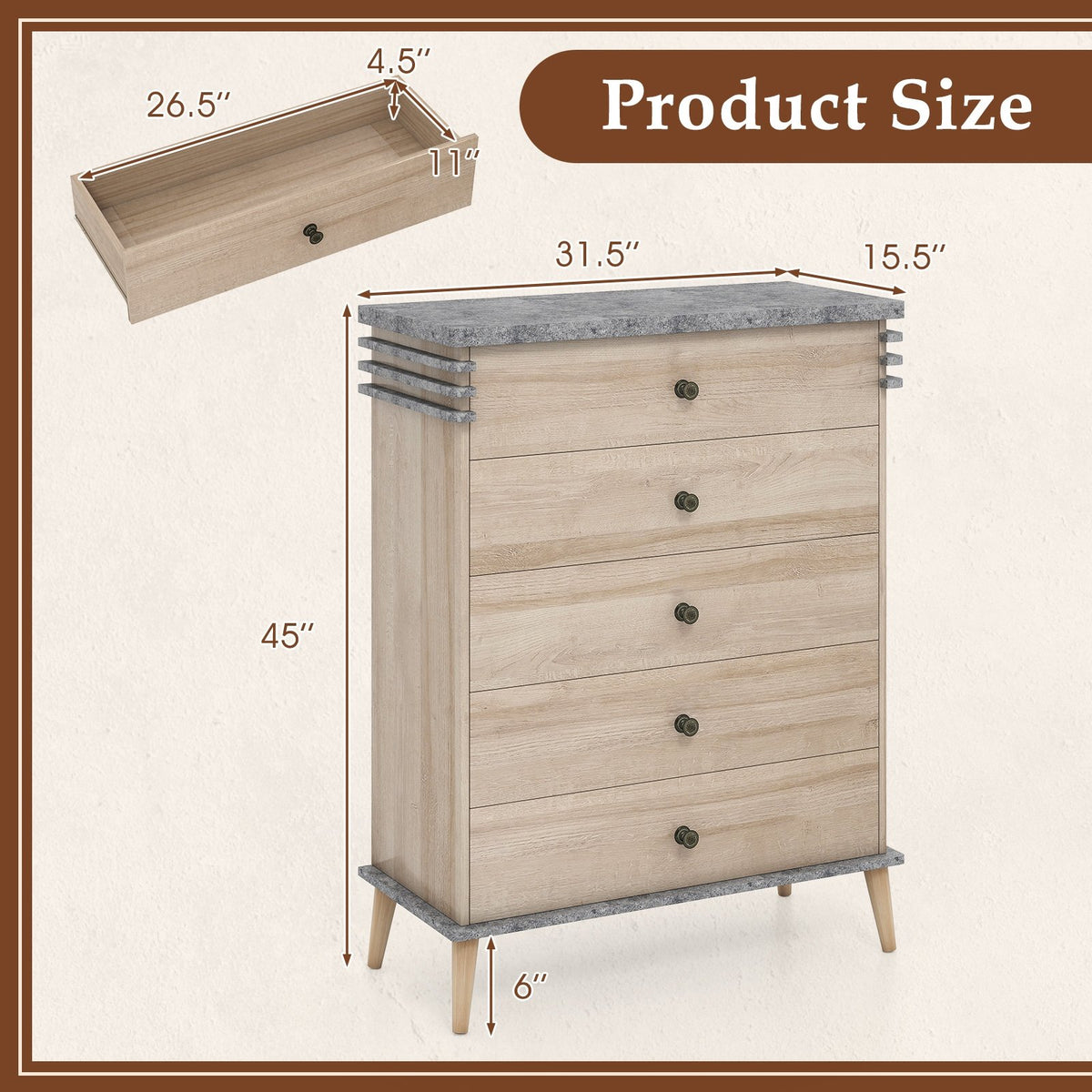 Farmhouse Chest Dresser of Drawers Tall Storage Organizer-Grey view 4