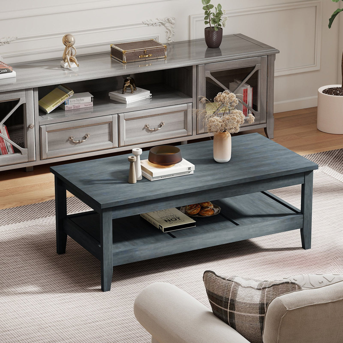 Farmhouse Coffee Table Rustic Cocktail Center Table with Thickened Tabletop-Blue view 2