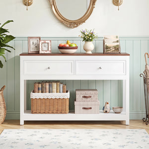 Farmhouse Console Table with 2 Drawers & Open Storage Shelf-White view 2