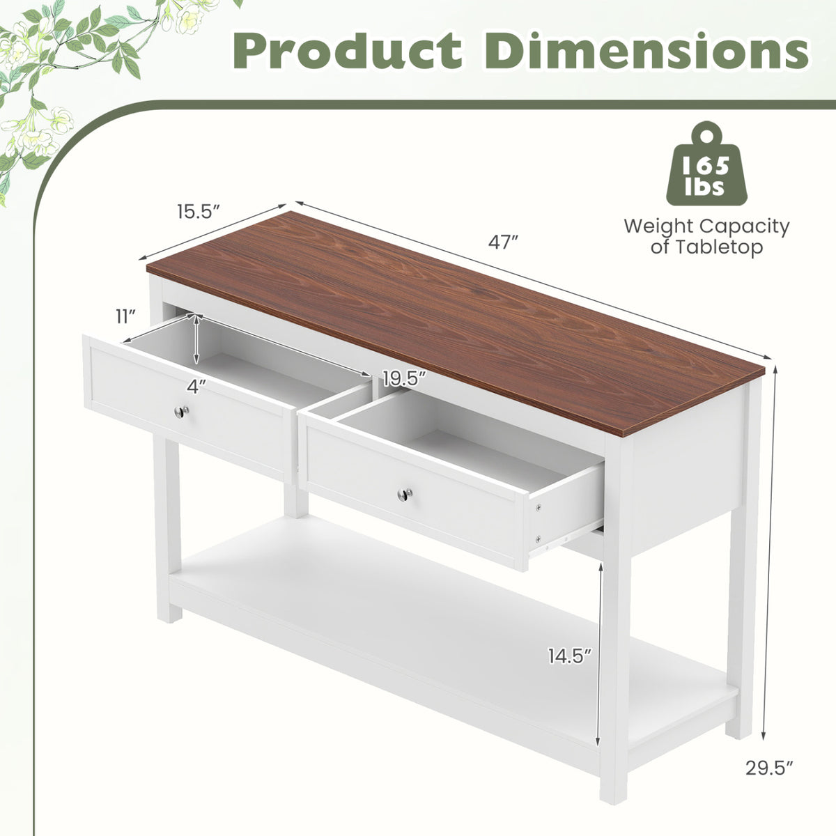 Farmhouse Console Table with 2 Drawers & Open Storage Shelf-White view 5