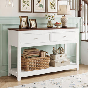 Farmhouse Console Table with 2 Drawers & Open Storage Shelf-White view 6