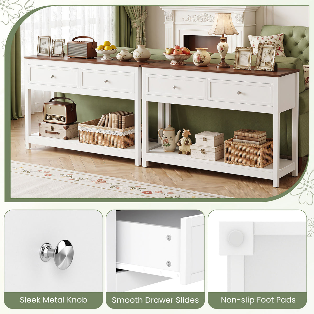 Farmhouse Console Table with 2 Drawers & Open Storage Shelf-White view 7