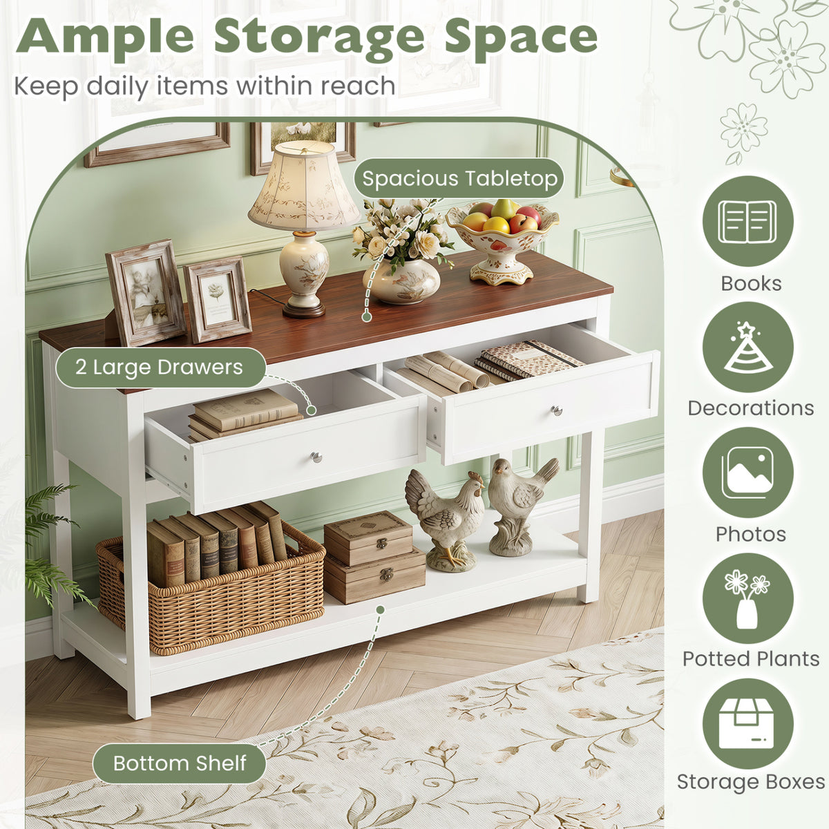 Farmhouse Console Table with 2 Drawers & Open Storage Shelf-White view 8