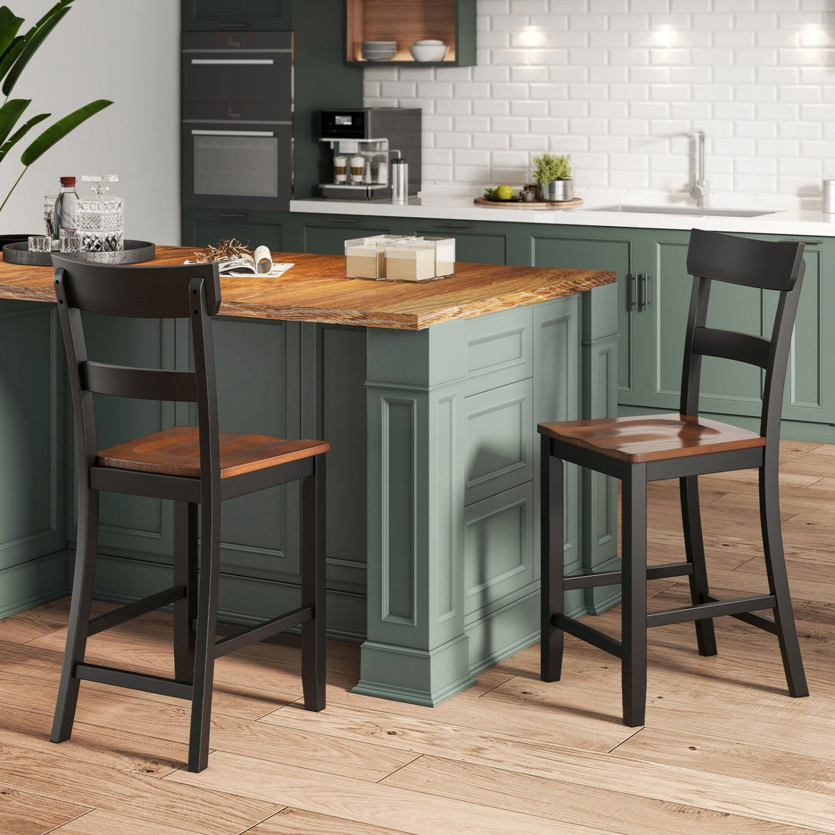 Farmhouse Dining Bar Stool Set of 2 with Solid Rubber Wood Frame-Black view 2