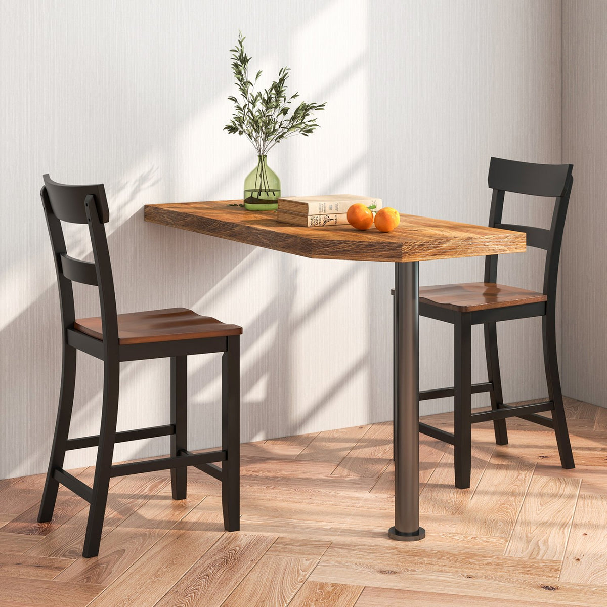 Farmhouse Dining Bar Stool Set of 2 with Solid Rubber Wood Frame-Black view 3