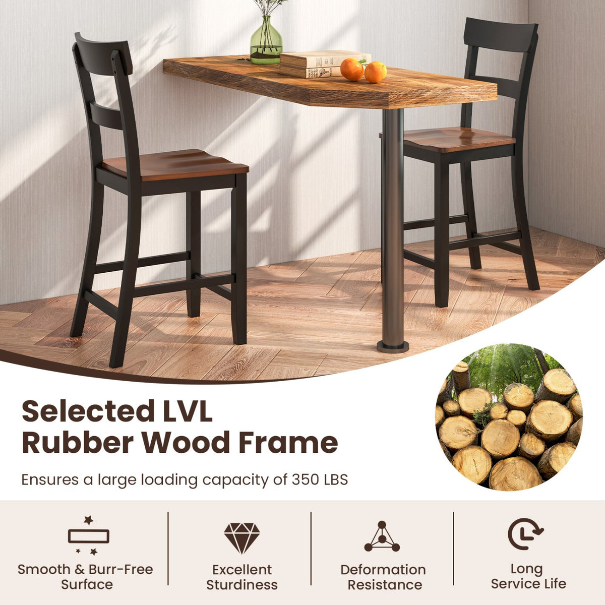 Farmhouse Dining Bar Stool Set of 2 with Solid Rubber Wood Frame-Black view 6