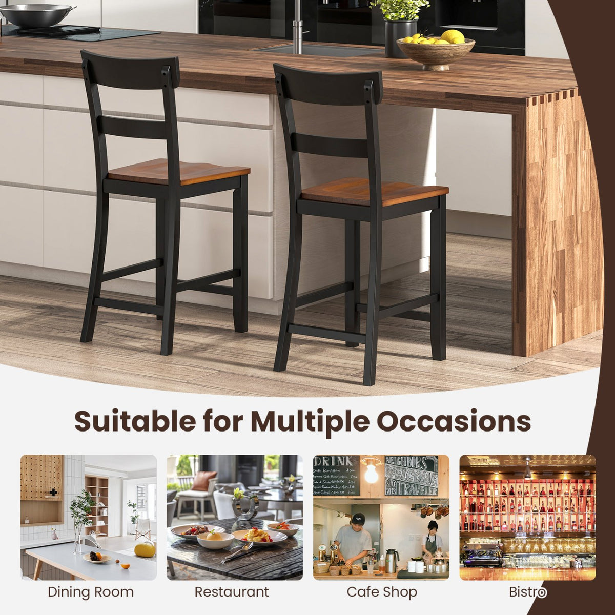 Farmhouse Dining Bar Stool Set of 2 with Solid Rubber Wood Frame-Black view 9