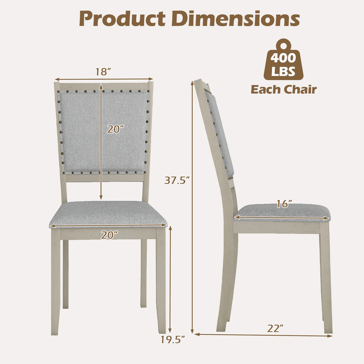 Farmhouse Dining Chair Set of 2 Fabric Upholstered Kitchen Chairs-Grey view 4