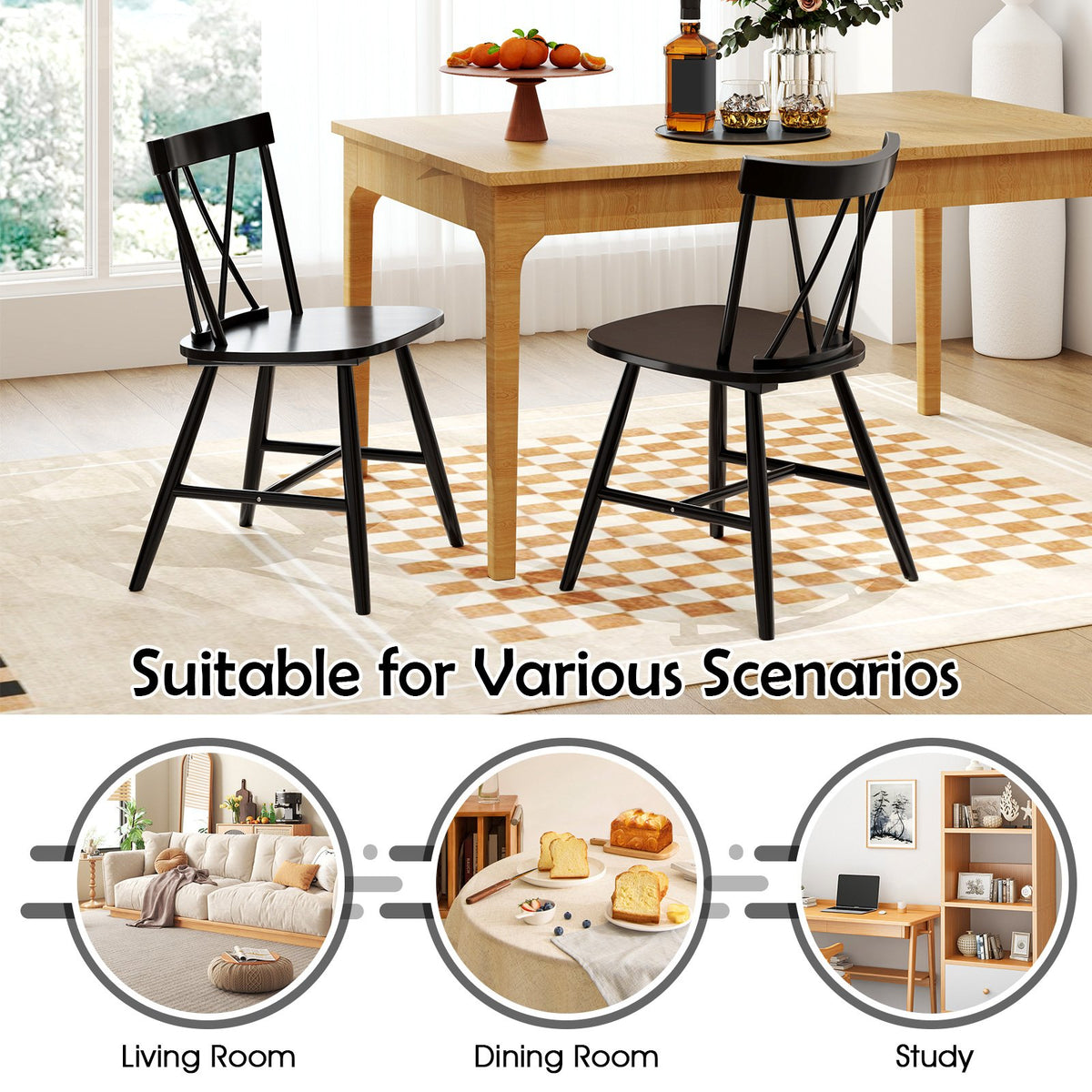 Farmhouse Kitchen Dining Chair Set of 2 with Rubber Wood Frame-Black view 8