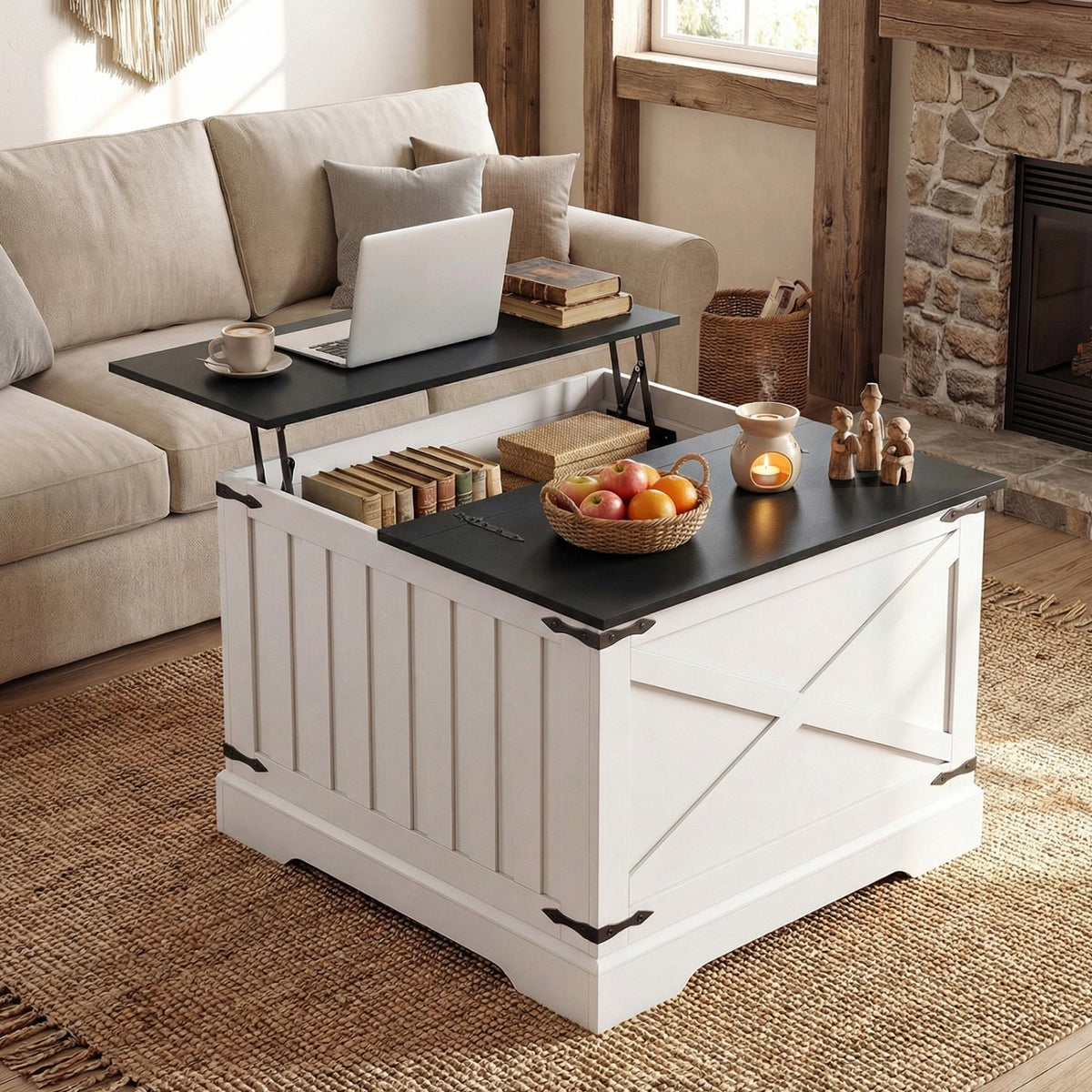 Farmhouse Lift Top Coffee Table with Hidden Storage Compartment-Black view 2