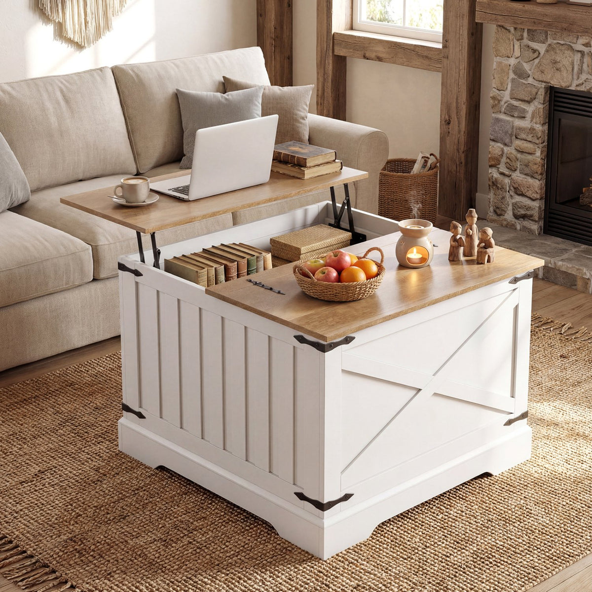 Farmhouse Lift Top Coffee Table with Hidden Storage Compartment-Brown view 2