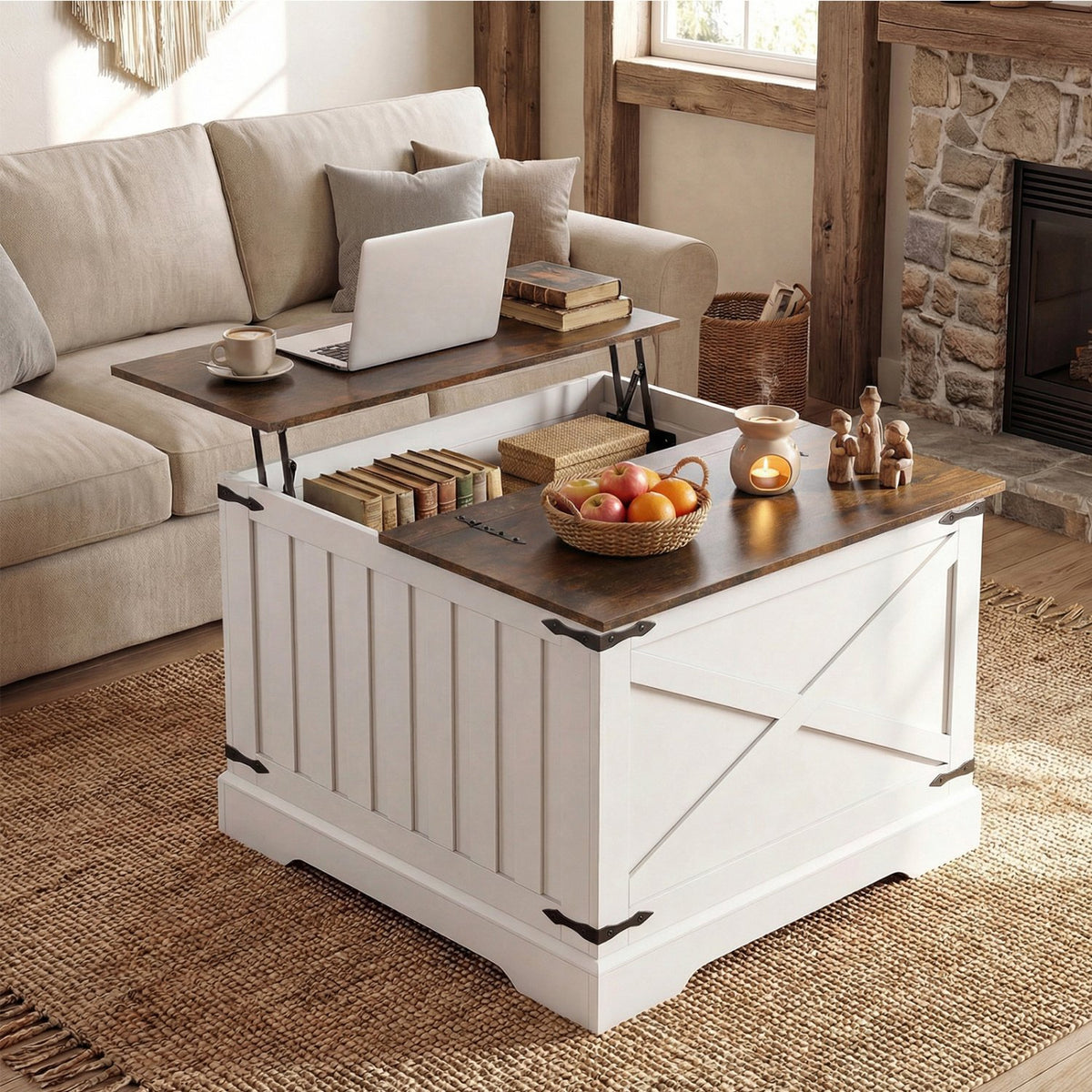 Farmhouse Lift Top Coffee Table with Hidden Storage Compartment-Rustic Brown view 2