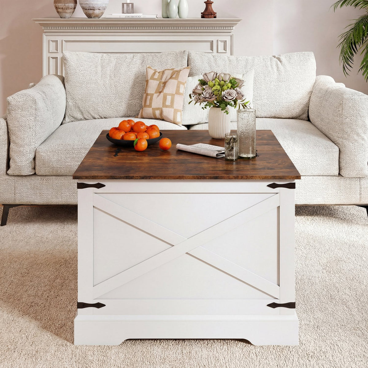 Farmhouse Lift Top Coffee Table with Hidden Storage Compartment-Rustic Brown view 3