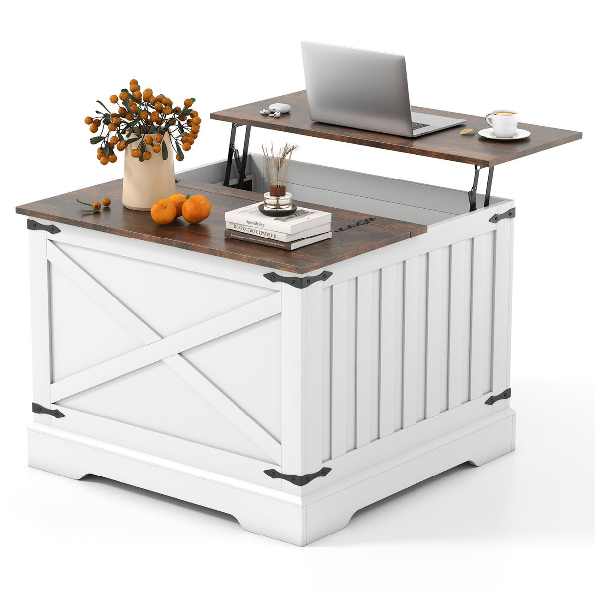 Farmhouse Lift Top Coffee Table with Hidden Storage Compartment-Rustic Brown view 4