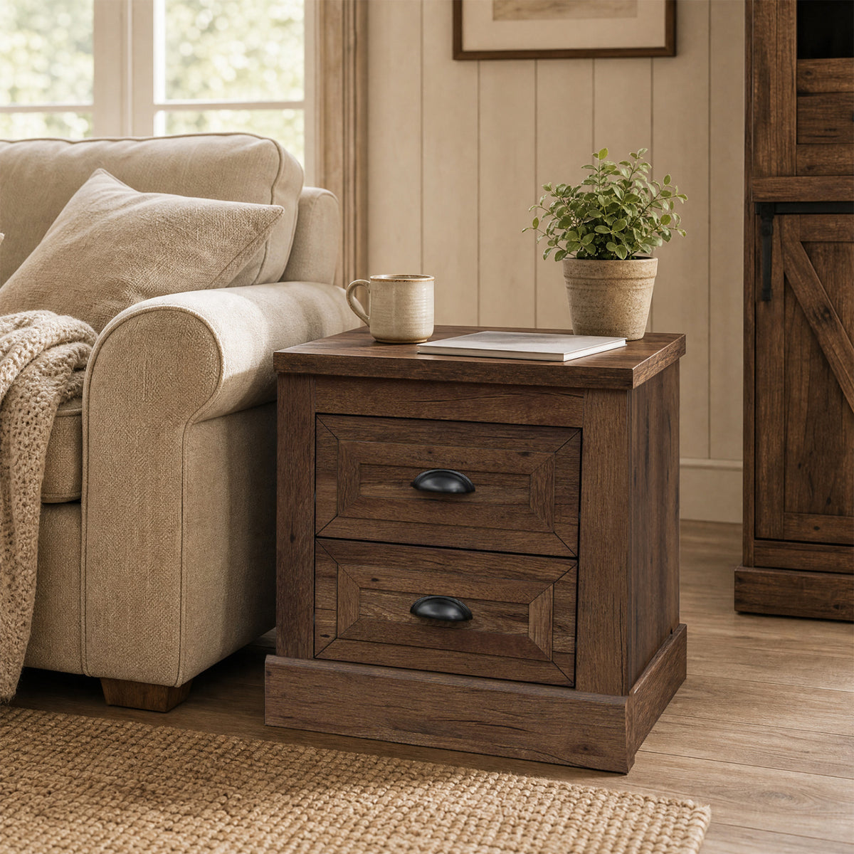 Farmhouse Nightstand with 2 Drawers & Storage for Living Room Bedroom-Brown view 3