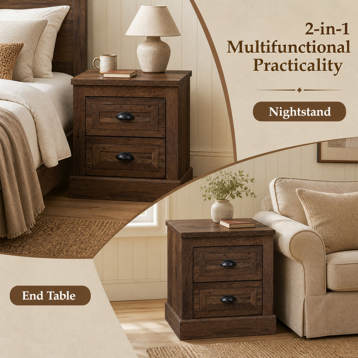 Farmhouse Nightstand with 2 Drawers & Storage for Living Room Bedroom-Brown view 8