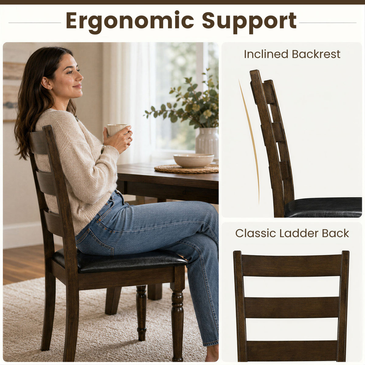 Farmhouse PU Leather Upholstered Dining Chairs Set of 2-Brown view 4