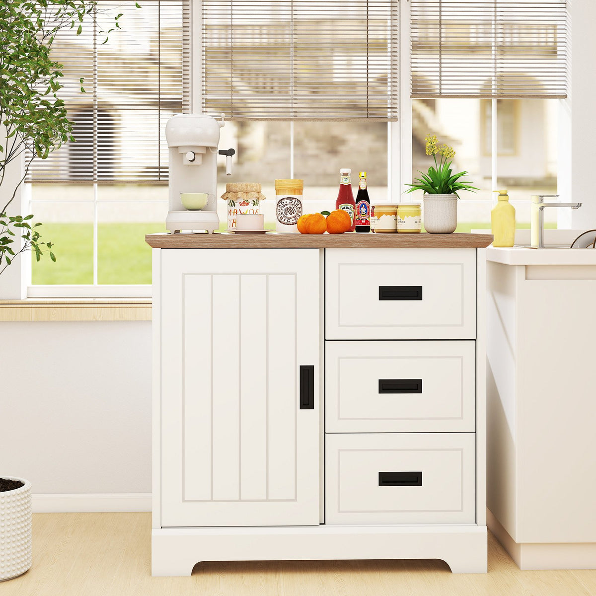 Farmhouse Sideboard Buffet Cabinet Kitchen Pantry with Sliding Doors-White view 2