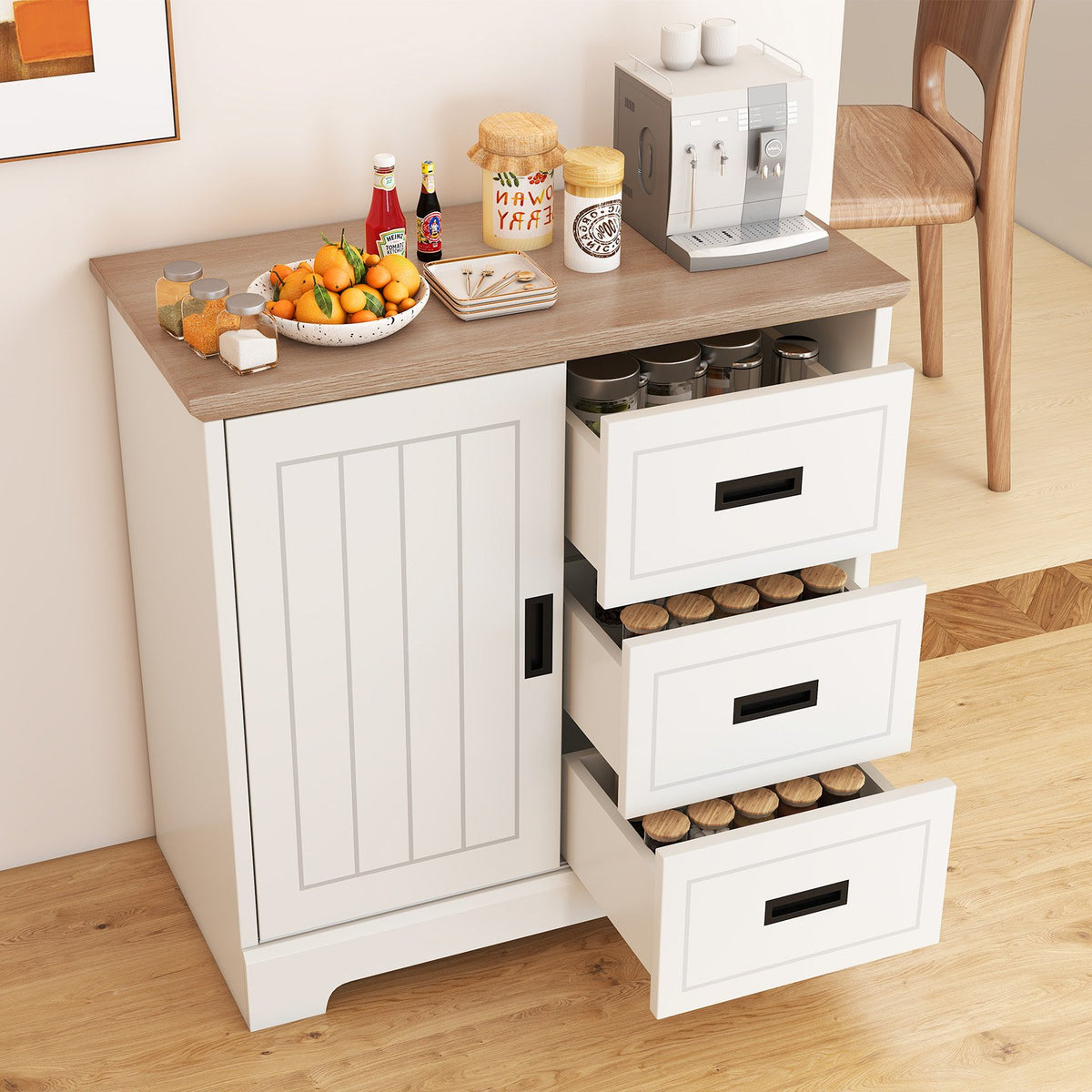 Farmhouse Sideboard Buffet Cabinet Kitchen Pantry with Sliding Doors-White view 3