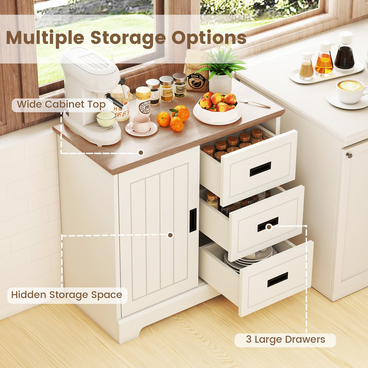 Farmhouse Sideboard Buffet Cabinet Kitchen Pantry with Sliding Doors-White view 8