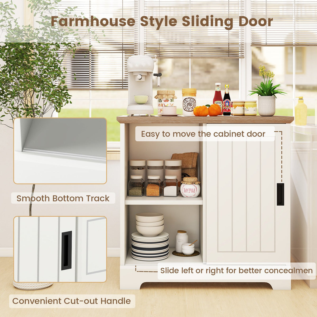 Farmhouse Sideboard Buffet Cabinet Kitchen Pantry with Sliding Doors-White view 9