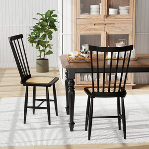 Farmhouse Solid Rubber Wood Dining Chairs Set of 2 with PE Rattan Seats-Black view 2