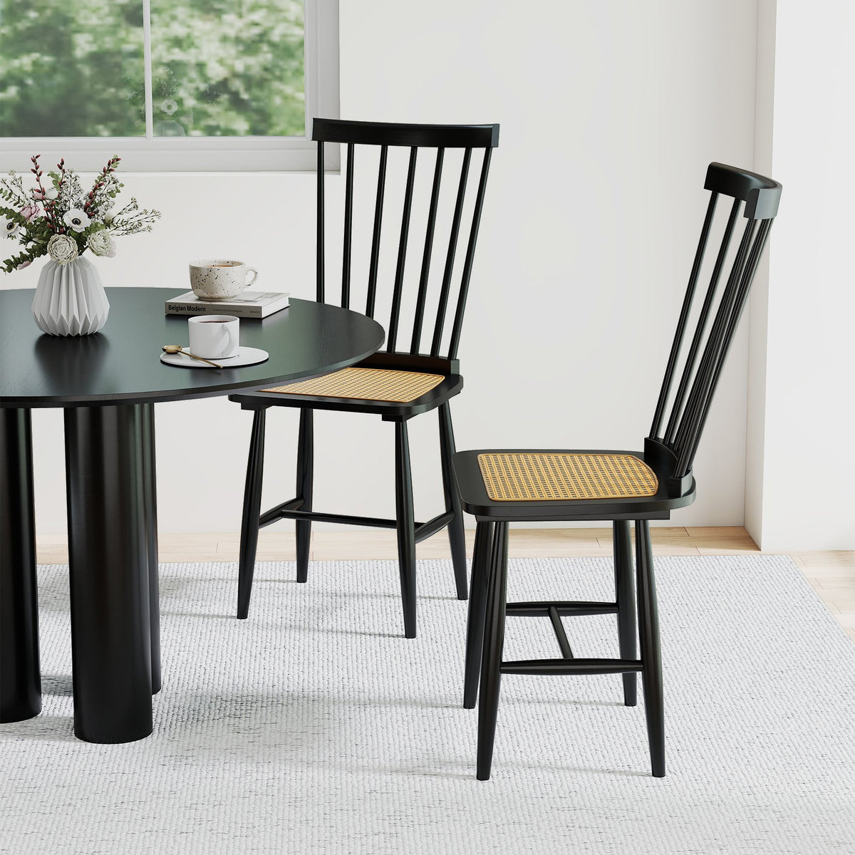 Farmhouse Solid Rubber Wood Dining Chairs Set of 2 with PE Rattan Seats-Black view 3