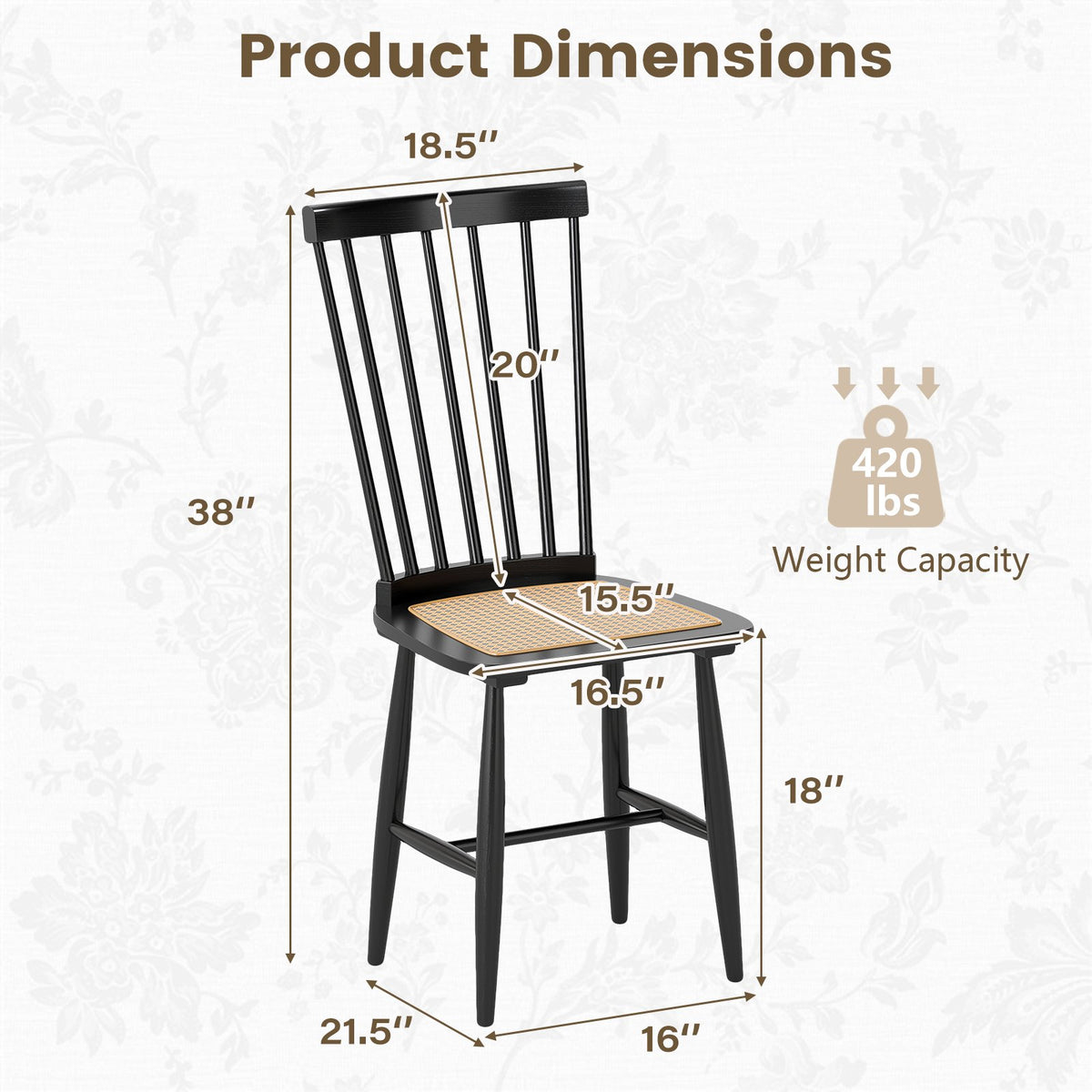 Farmhouse Solid Rubber Wood Dining Chairs Set of 2 with PE Rattan Seats-Black view 4