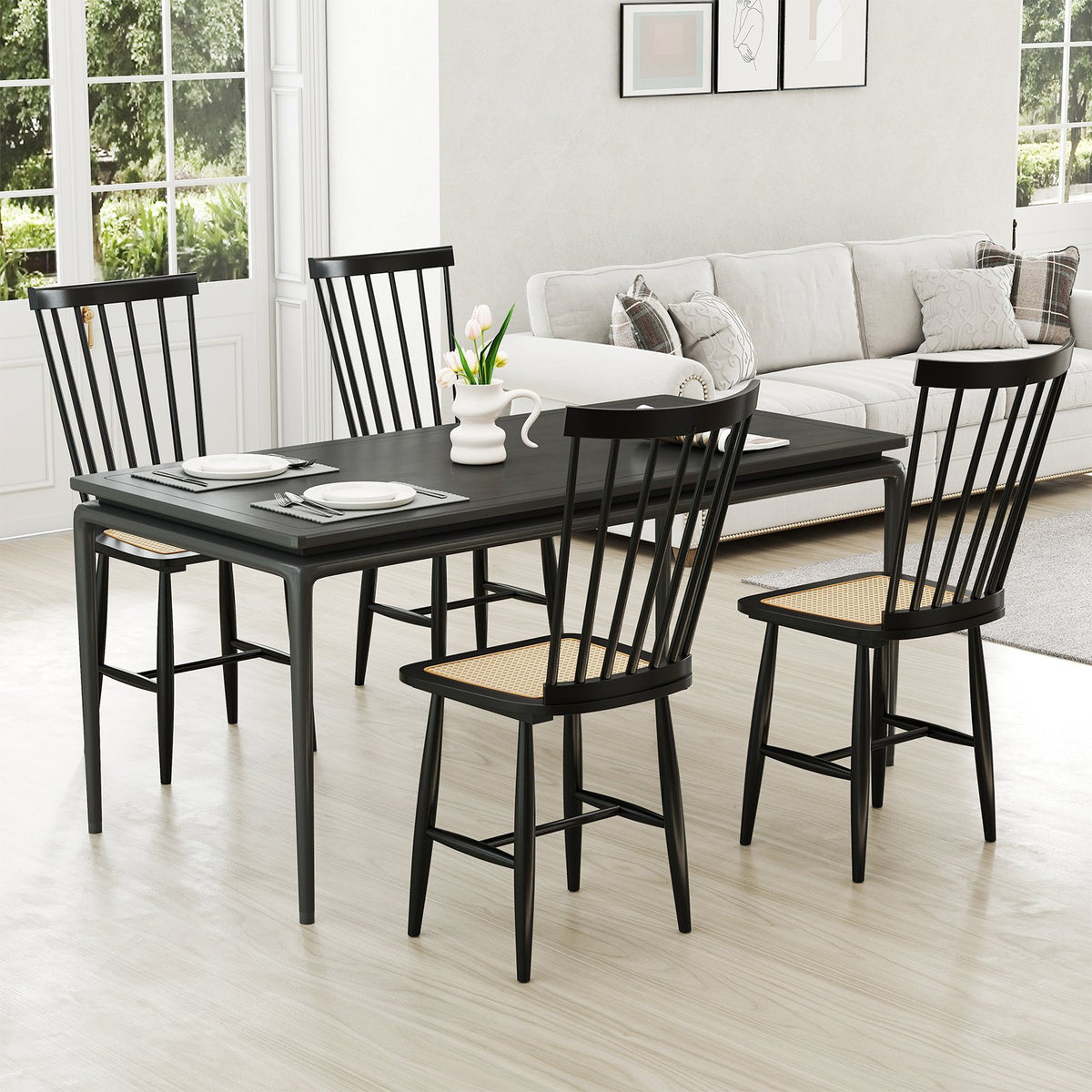 Farmhouse Solid Rubber Wood Dining Chairs Set of 2 with PE Rattan Seats-Black view 5