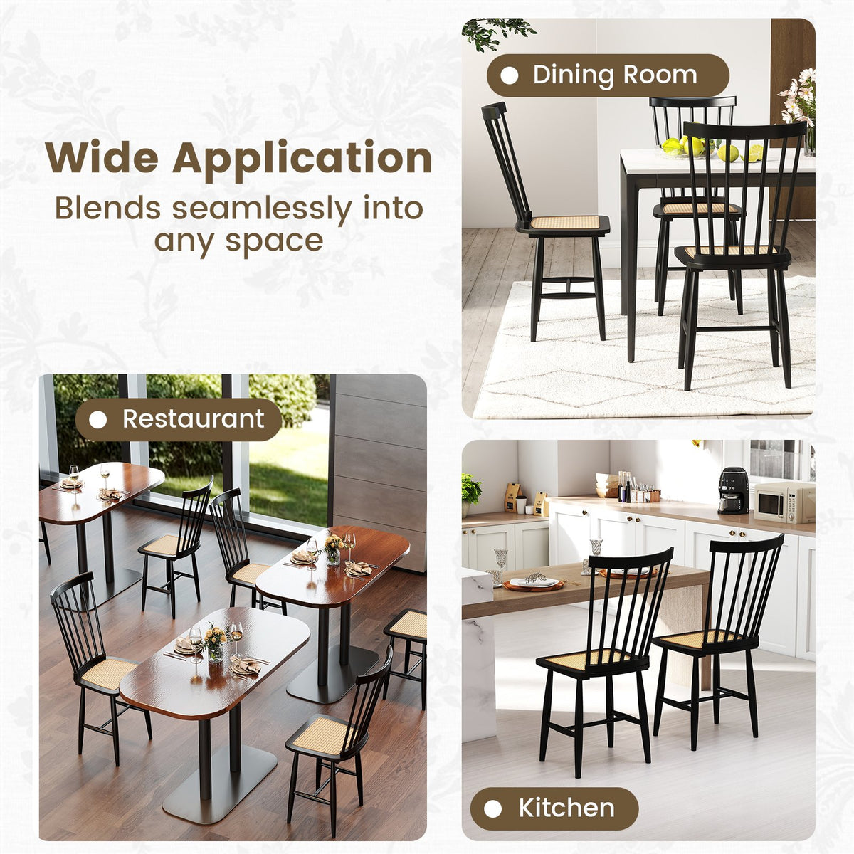 Farmhouse Solid Rubber Wood Dining Chairs Set of 2 with PE Rattan Seats-Black view 6