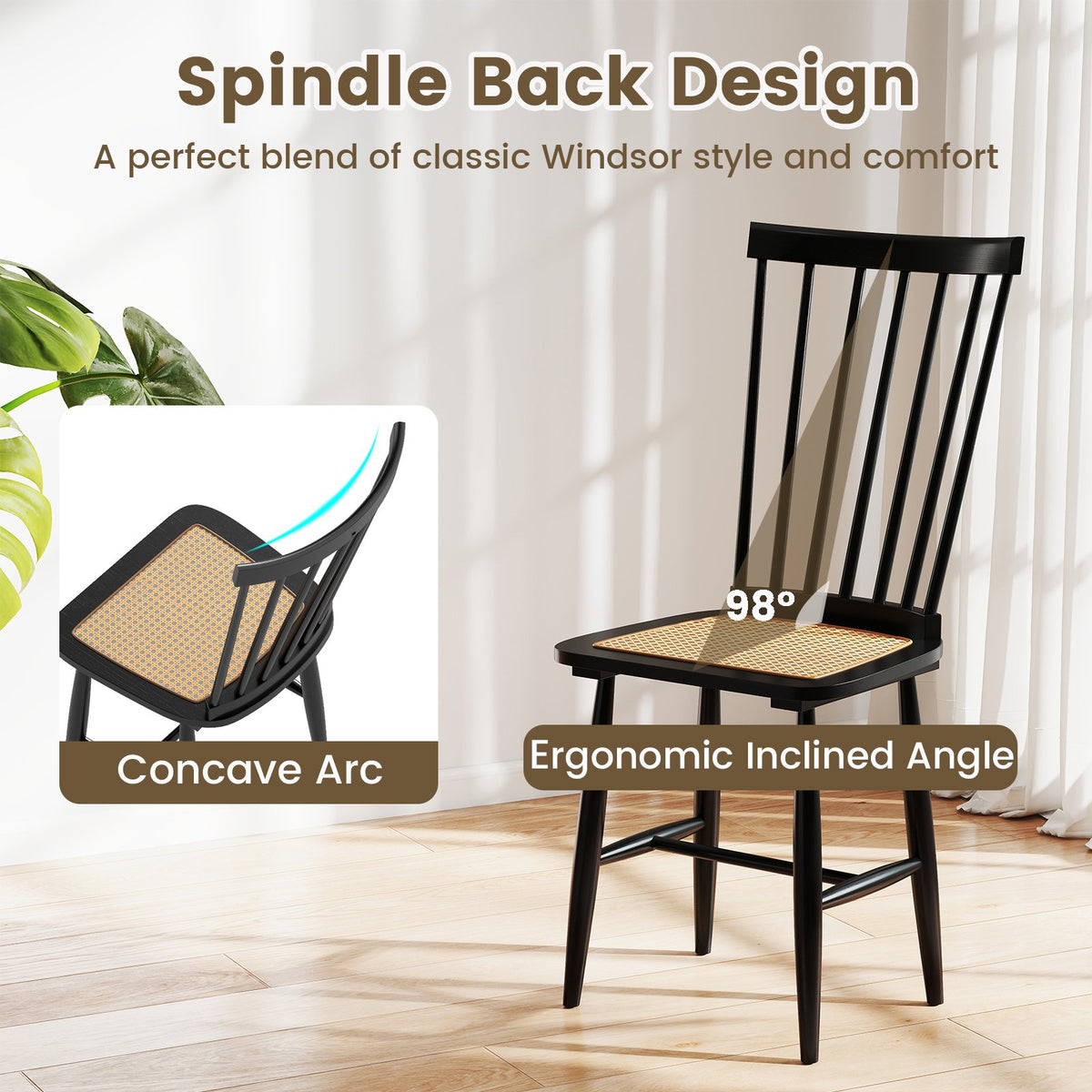 Farmhouse Solid Rubber Wood Dining Chairs Set of 2 with PE Rattan Seats-Black view 8