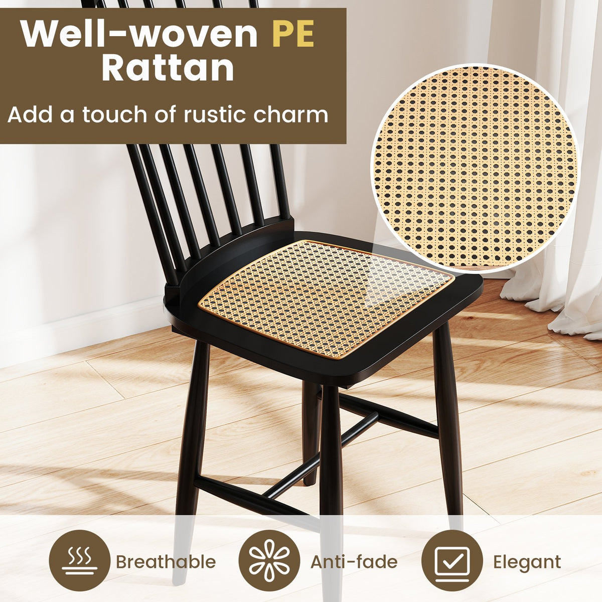 Farmhouse Solid Rubber Wood Dining Chairs Set of 2 with PE Rattan Seats-Black view 9