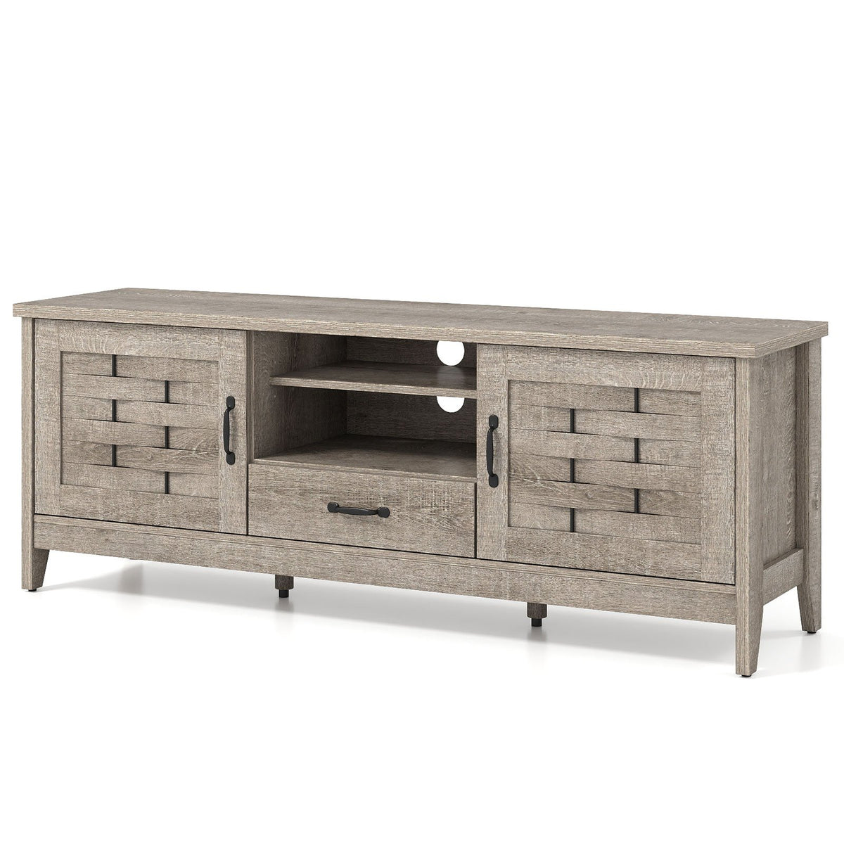 Farmhouse TV Stand for 65 Inch TVs with 2 Woven Accent Doors and 3 Adjustable Shelves-Oak